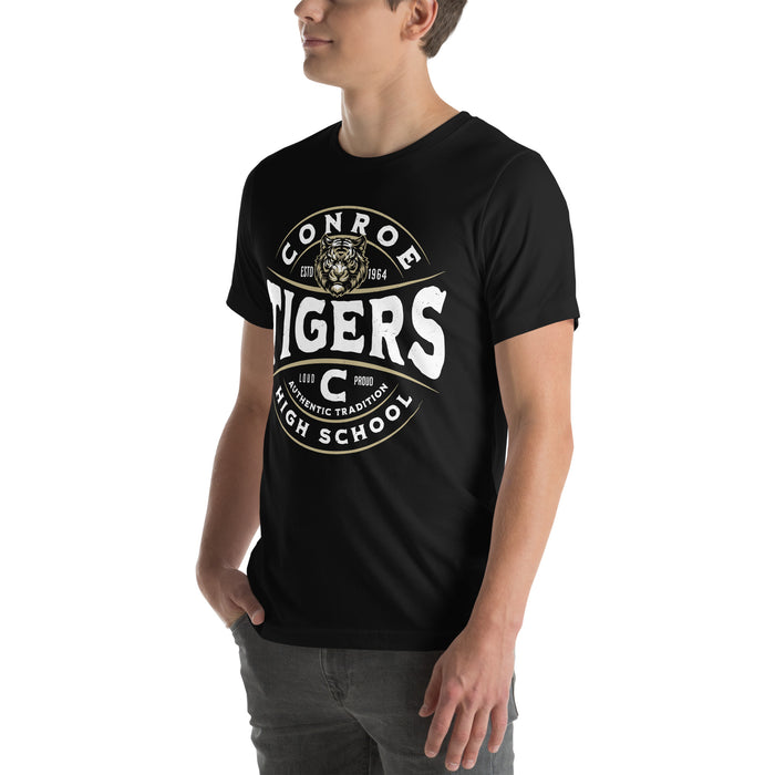 Man wearing Conroe High School Tigers Black Premium Unisex T-shirt 218