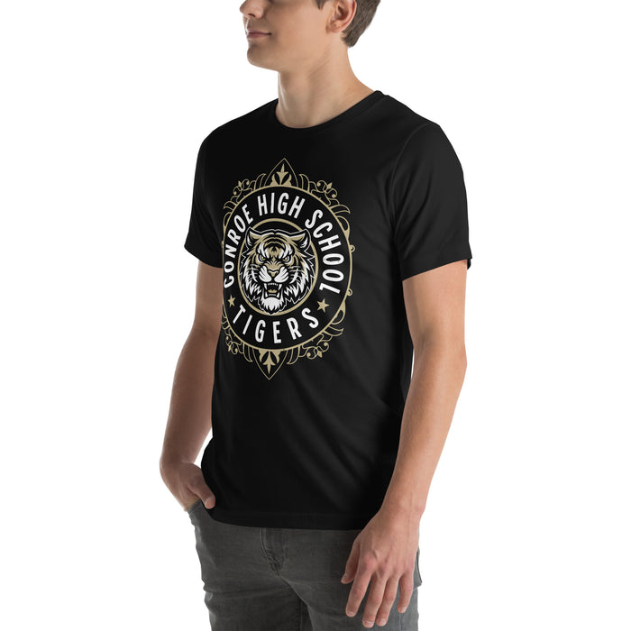 Man wearing Conroe High School Tigers Black Premium Unisex T-shirt 227