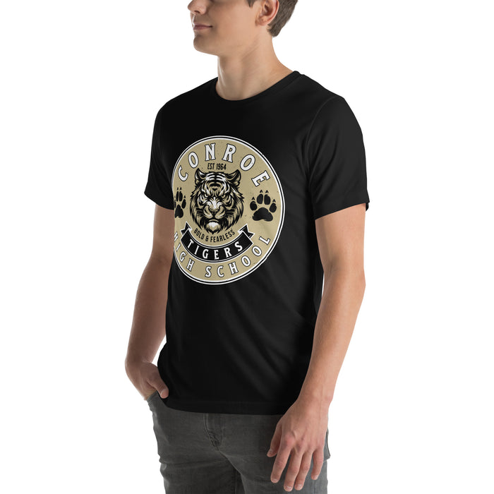 Man wearing Conroe High School Tigers Black Premium Unisex T-shirt 215