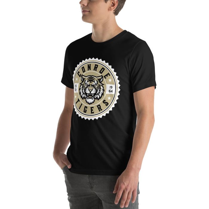 Man wearing Conroe High School Tigers Black Premium Unisex T-shirt 203