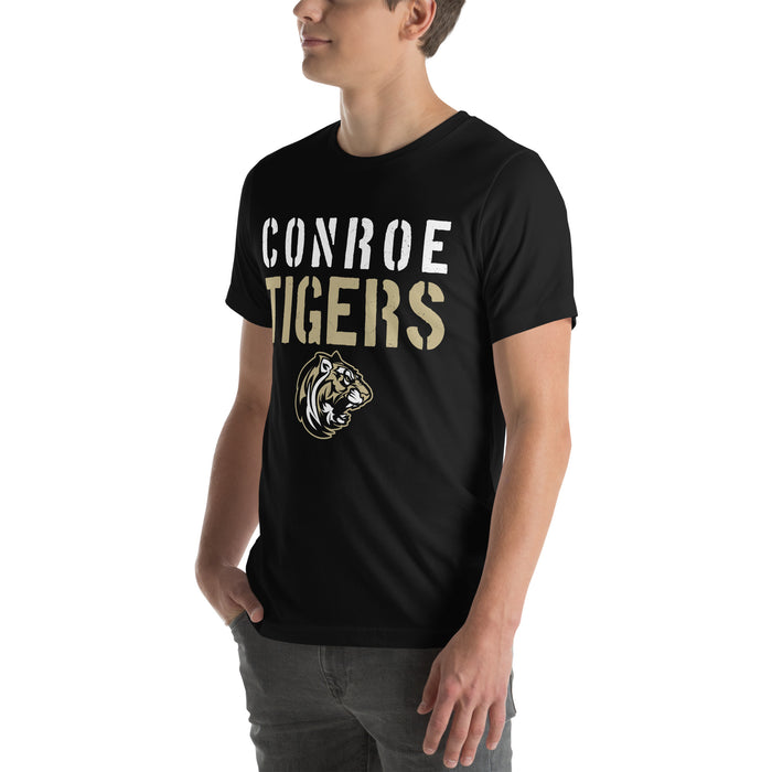 Man wearing Conroe High School Tigers Black Premium Unisex T-shirt 017