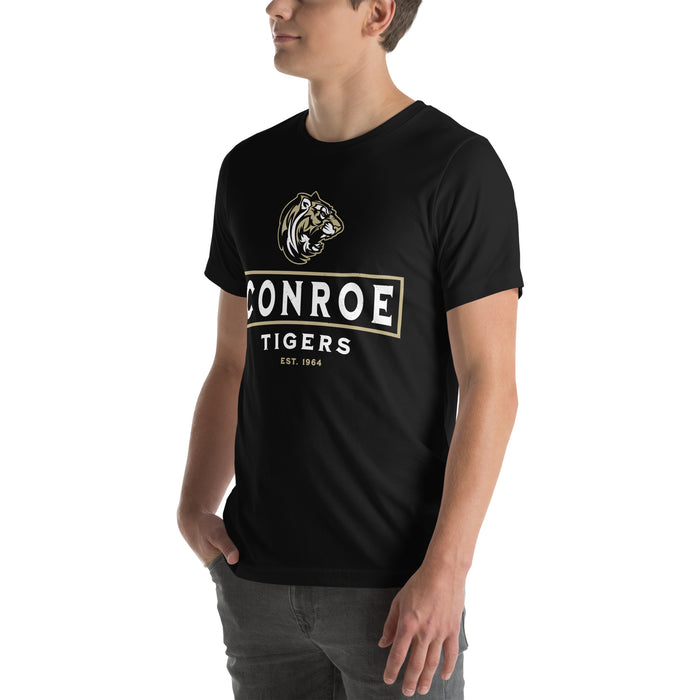 Man wearing Conroe High School Tigers Black Premium Unisex T-shirt 202