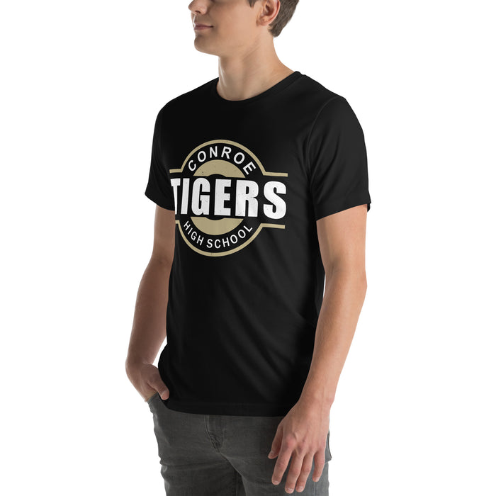 Man wearing Conroe High School Tigers Black Premium Unisex T-shirt 011