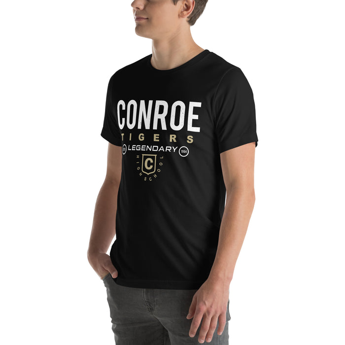 Man wearing Conroe High School Tigers Black Premium Unisex T-shirt 003