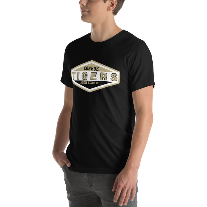 Man wearing Conroe High School Tigers Black Premium Unisex T-shirt 009