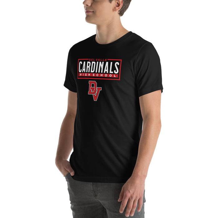 Man wearing Del Valle High School Cardinals Black Premium Unisex T-shirt 049