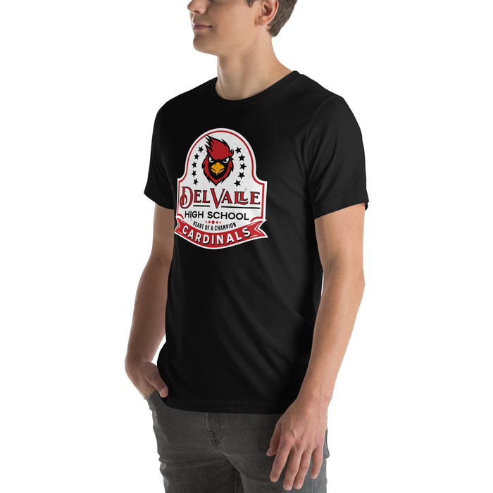 Man wearing Del Valle High School Cardinals Black Premium Unisex T-shirt 219