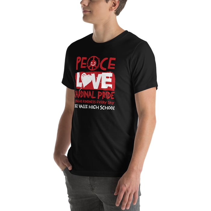 Man wearing Del Valle High School Cardinals Black Premium Unisex T-shirt 240