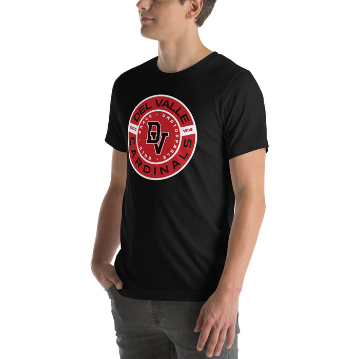 Man wearing Del Valle High School Cardinals Black Premium Unisex T-shirt 239