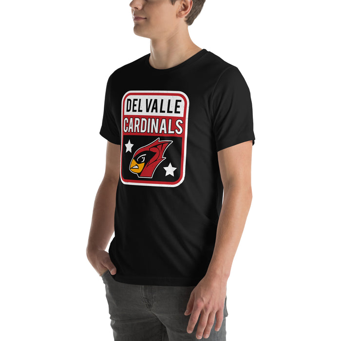 Man wearing Del Valle High School Cardinals Black Premium Unisex T-shirt 001
