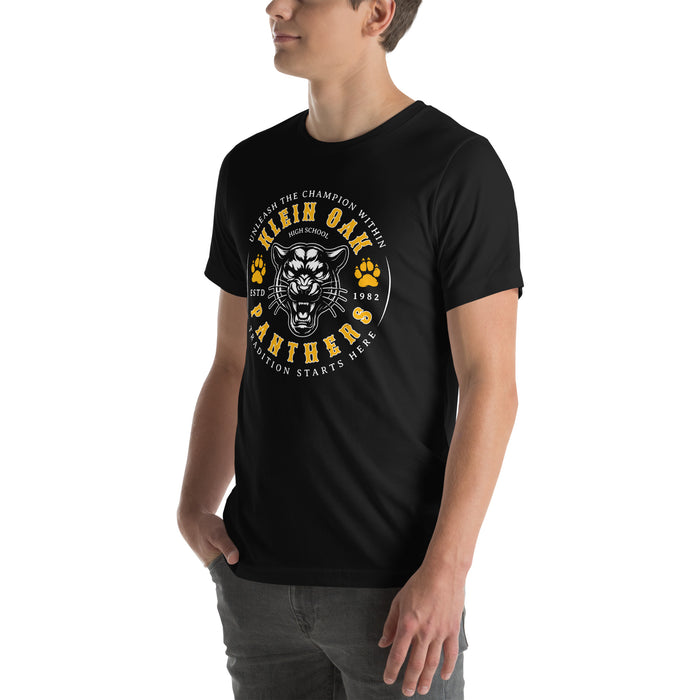 Man wearing Klein Oak High School Panthers Premium Black Unisex T-shirt 214