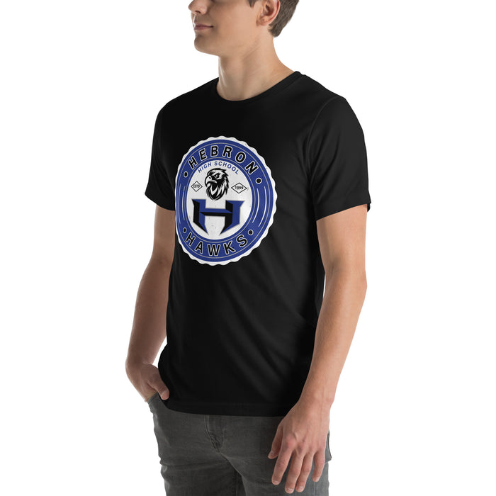 Man wearing Hebron High School Hawks Black Premium Unisex T-shirt 216
