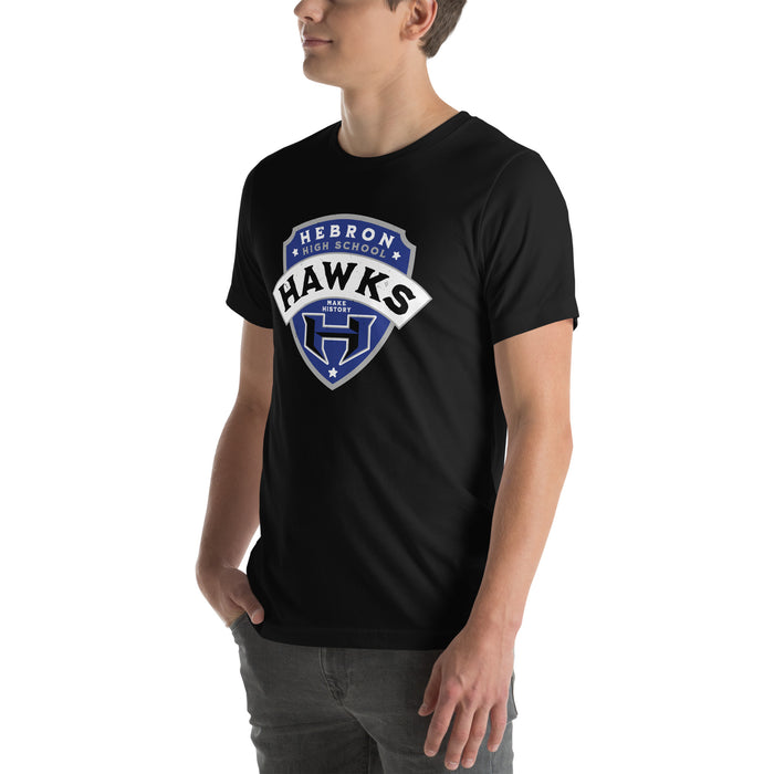 Man wearing Hebron High School Hawks Black Premium Unisex T-shirt 221