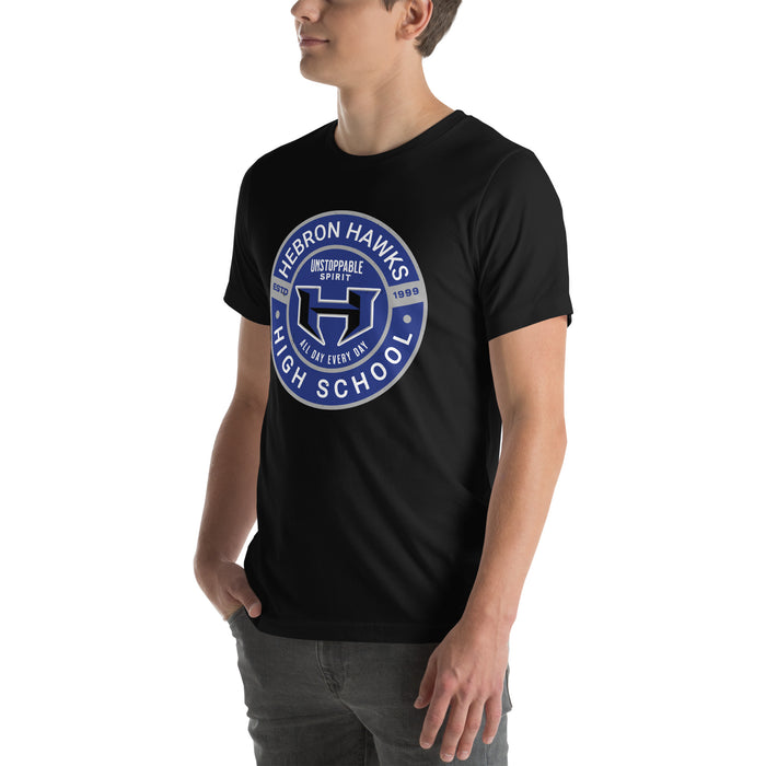 Man wearing Hebron High School Hawks Black Premium Unisex T-shirt 239