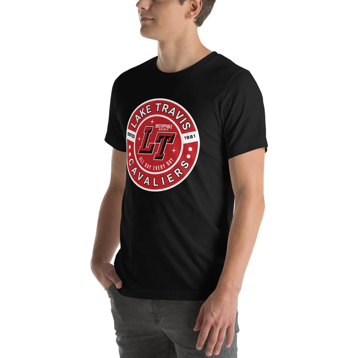 Man wearing Lake Travis High School Cavaliers Black Premium Unisex T-shirt 239