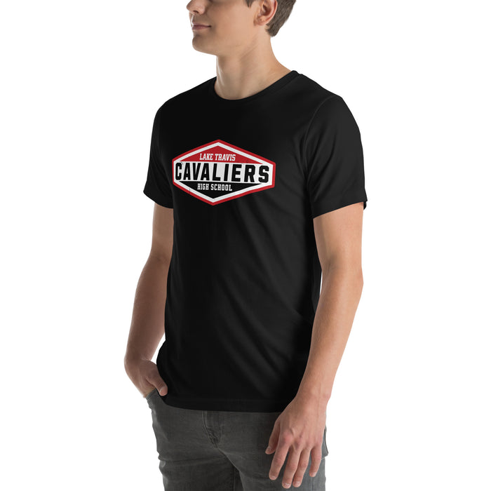 Man wearing Lake Travis High School Cavaliers Black Premium Unisex T-shirt 009