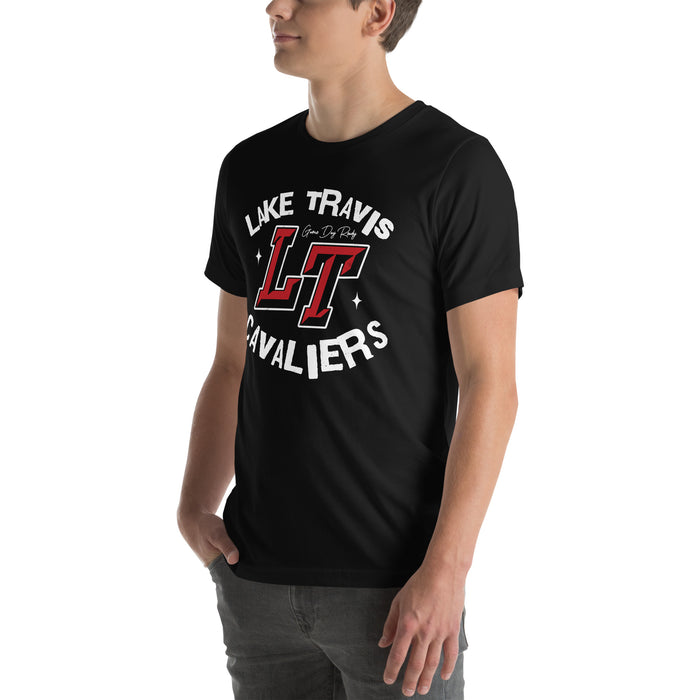 Man wearing Lake Travis High School Cavaliers Black Premium Unisex T-shirt 228