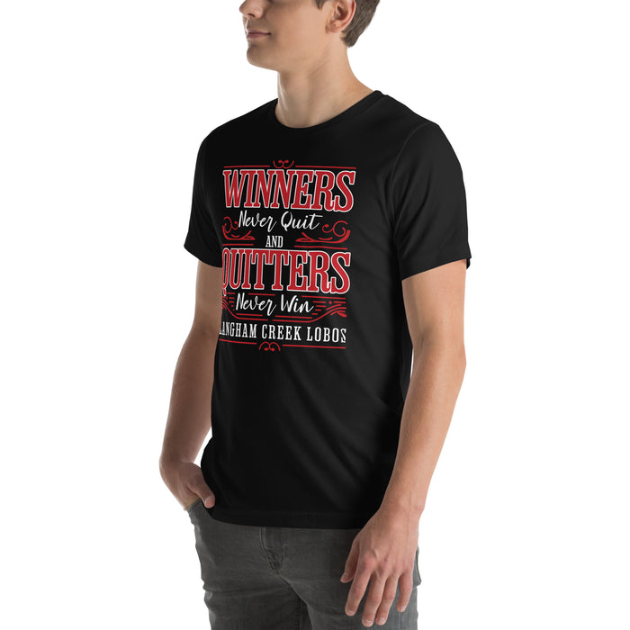 Man wearing Langham Creek High School Lobos Black Premium Unisex T-shirt 237
