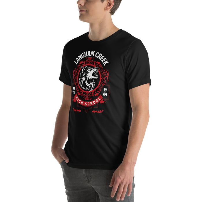 Man wearing Langham Creek High School Lobos Black Premium Unisex T-shirt 227