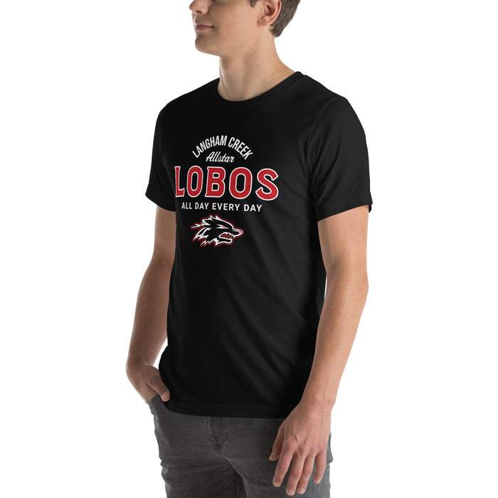 Man wearing Langham Creek High School Lobos Black Premium Unisex T-shirt 040