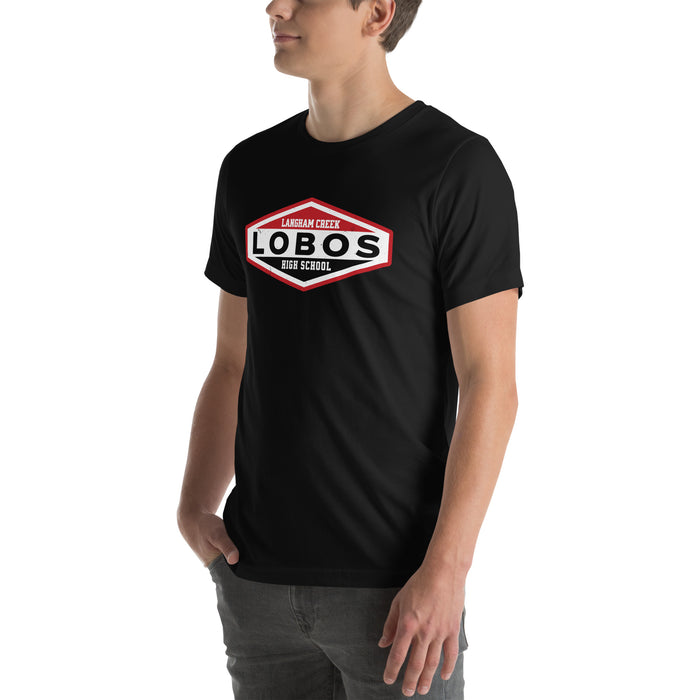Man wearing Langham Creek High School Lobos Black Premium Unisex T-shirt 009