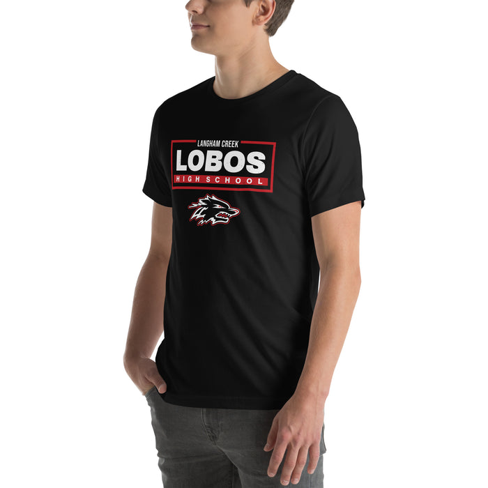 Man wearing Langham Creek High School Lobos Black Premium Unisex T-shirt 049