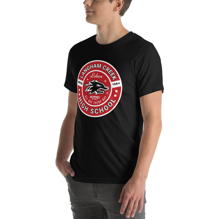 Man wearing Langham Creek High School Lobos Black Premium Unisex T-shirt 239