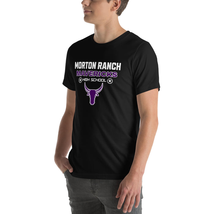 Man wearing Morton Ranch High School Mavericks Premium Black Unisex T-shirt 003