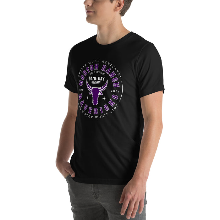 Man wearing Morton Ranch High School Mavericks Premium Black Unisex T-shirt 214