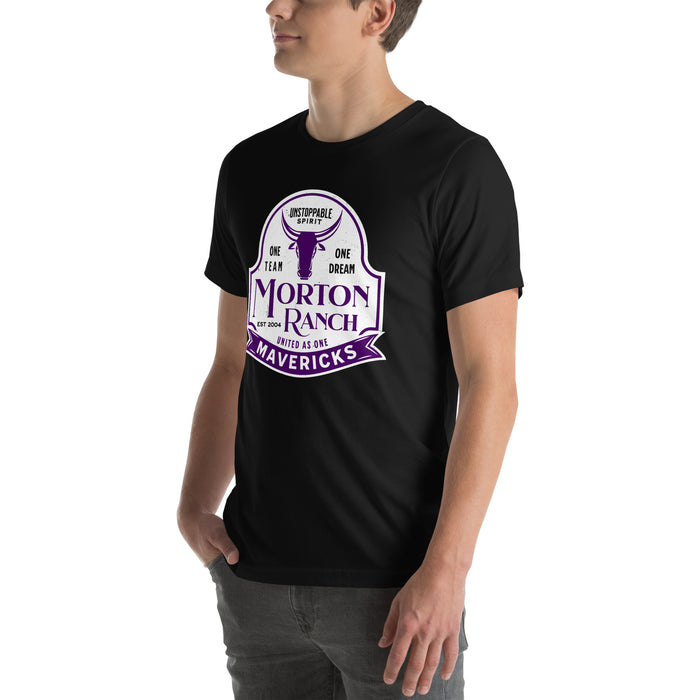 Man wearing Morton Ranch High School Mavericks Premium Black Unisex T-shirt 219