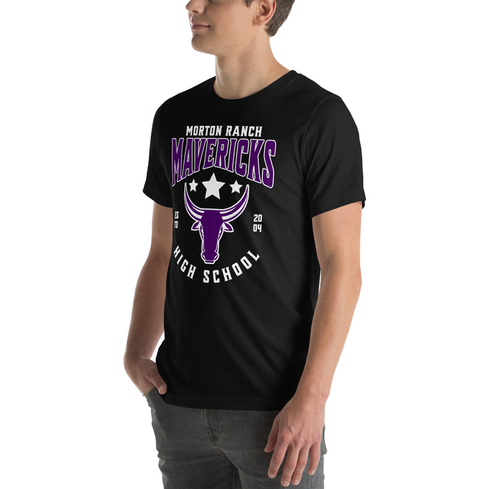 Man wearing Morton Ranch High School Mavericks Premium Black Unisex T-shirt 213