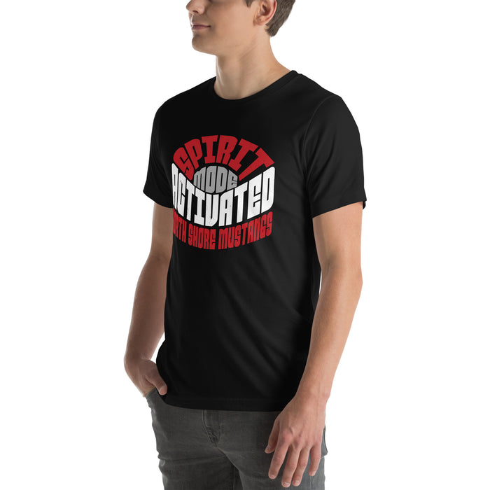 Man wearing North Shore High School Mustangs Black Premium Unisex T-shirt 242