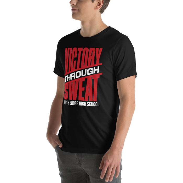 Man wearing North Shore High School Mustangs Black Premium Unisex T-shirt 241