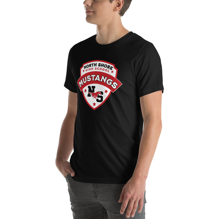 Man wearing North Shore High School Mustangs Black Premium Unisex T-shirt 221