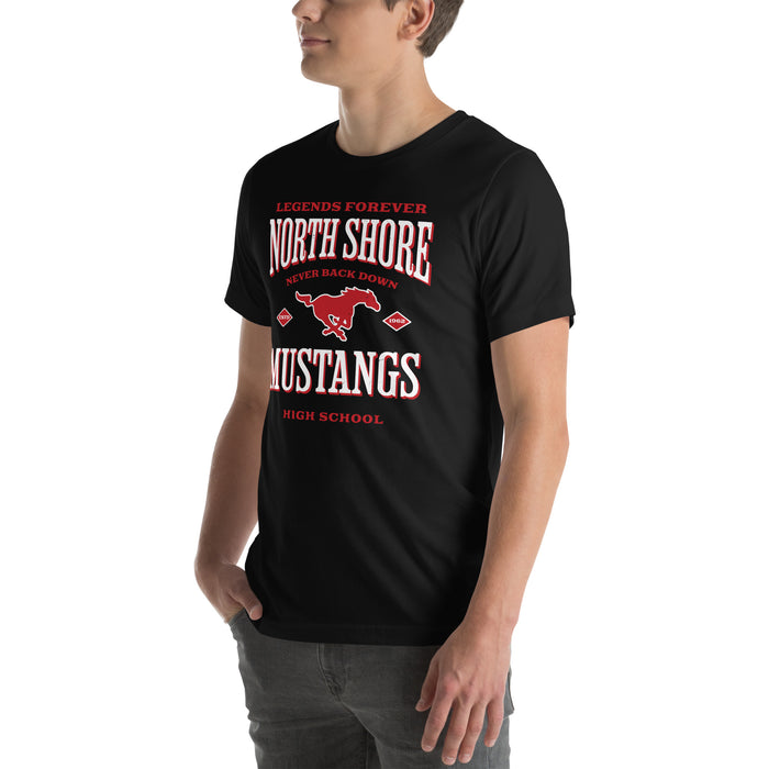 Man wearing North Shore High School Mustangs Black Premium Unisex T-shirt 230