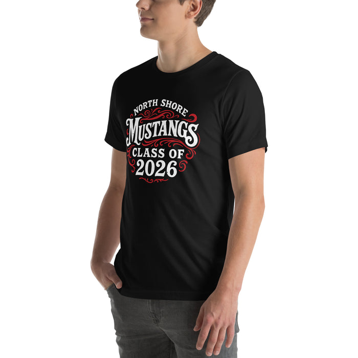 Man wearing North Shore High School Mustangs Black Premium Unisex T-shirt 255