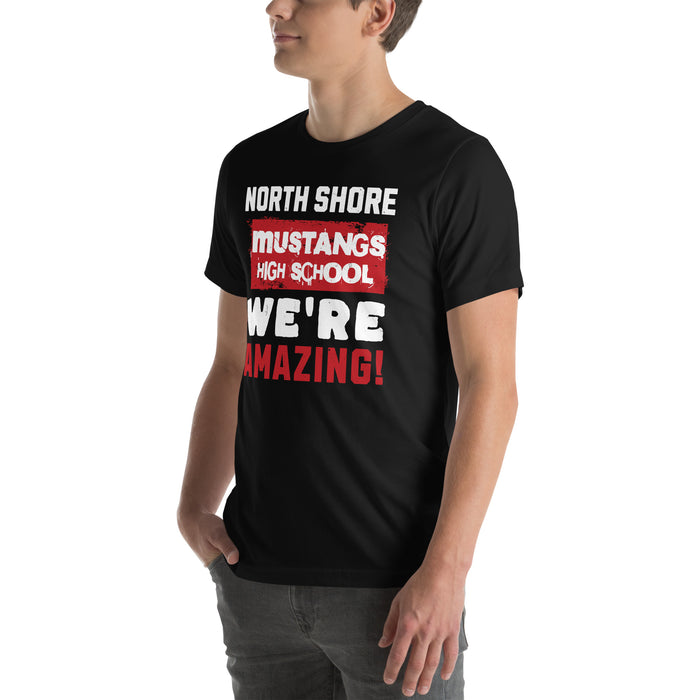 Man wearing North Shore High School Mustangs Black Premium Unisex T-shirt 231