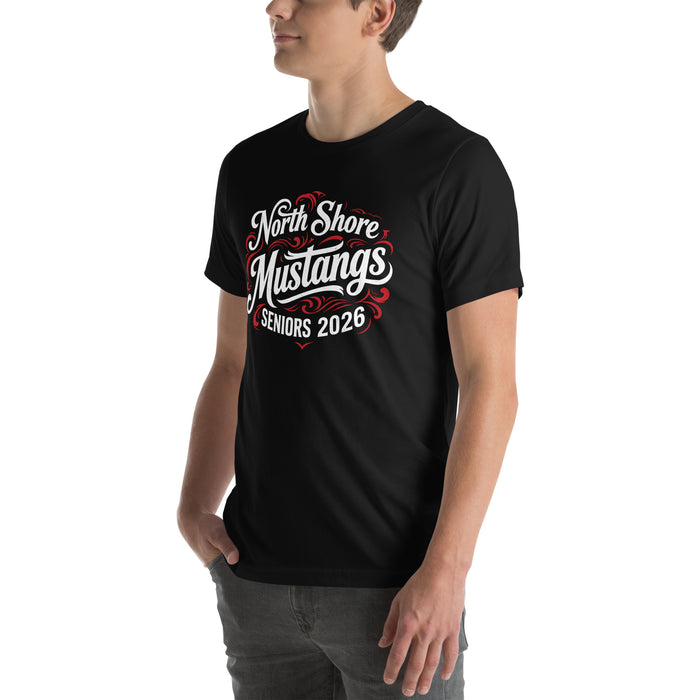 Man wearing North Shore High School Mustangs Black Premium Unisex T-shirt 253