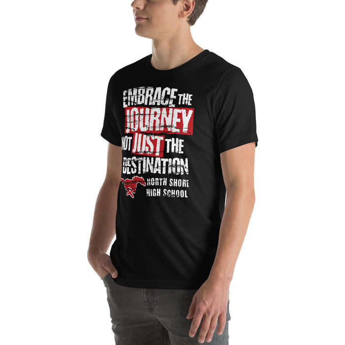 Man wearing North Shore High School Mustangs Black Premium Unisex T-shirt 232
