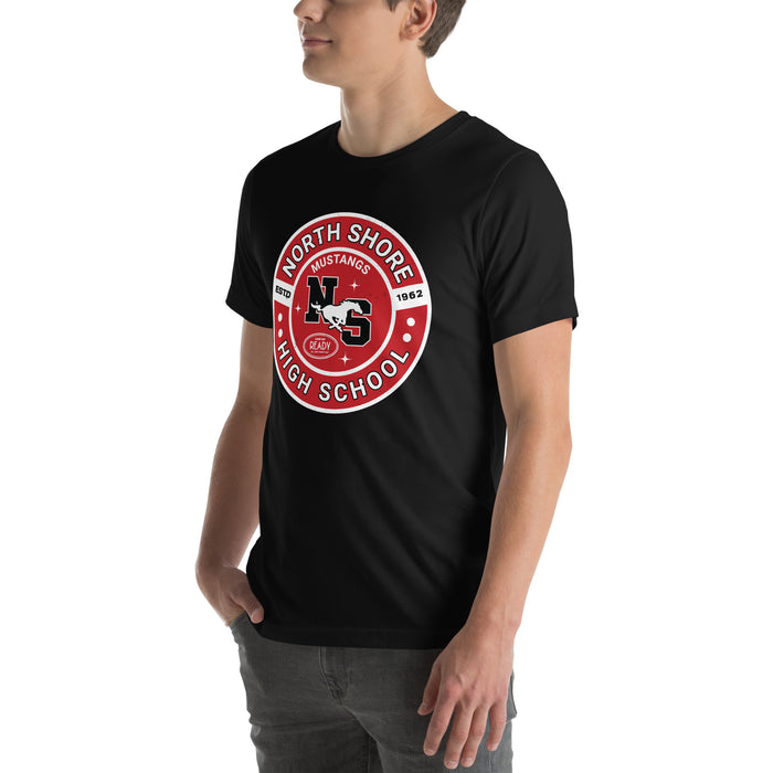 Man wearing North Shore High School Mustangs Black Premium Unisex T-shirt 239