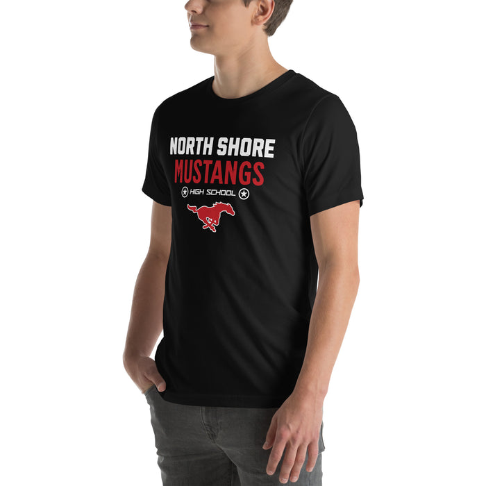 Man wearing North Shore High School Mustangs Black Premium Unisex T-shirt 003