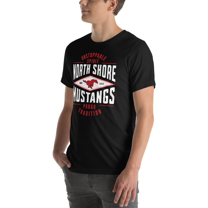 Man wearing North Shore High School Mustangs Black Premium Unisex T-shirt 210