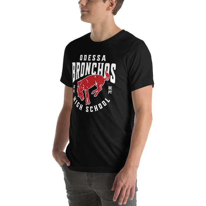 Man wearing Odessa High School Bronchos Black Premium Unisex T-shirt 213