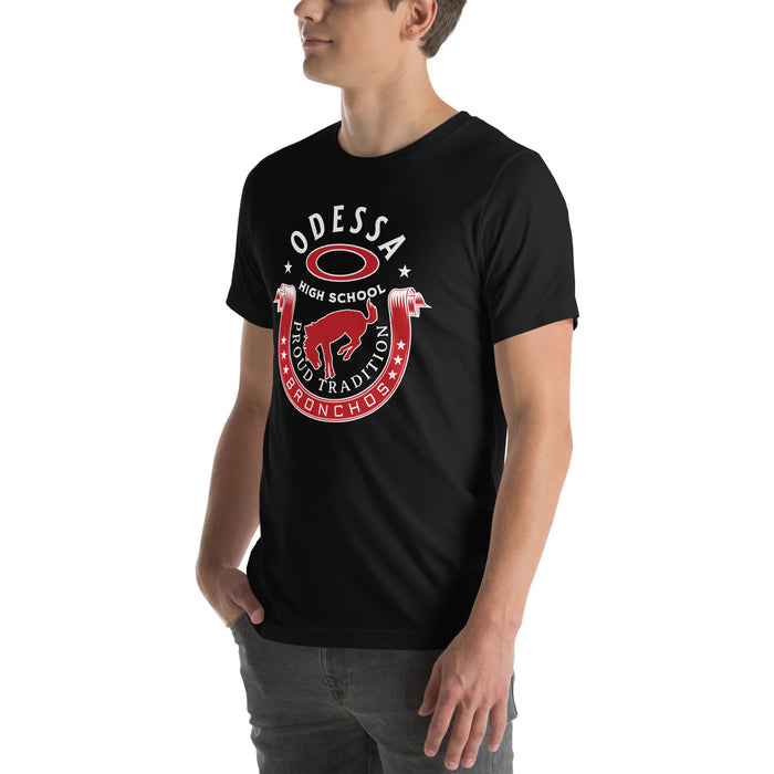Man wearing Odessa High School Bronchos Black Premium Unisex T-shirt 229