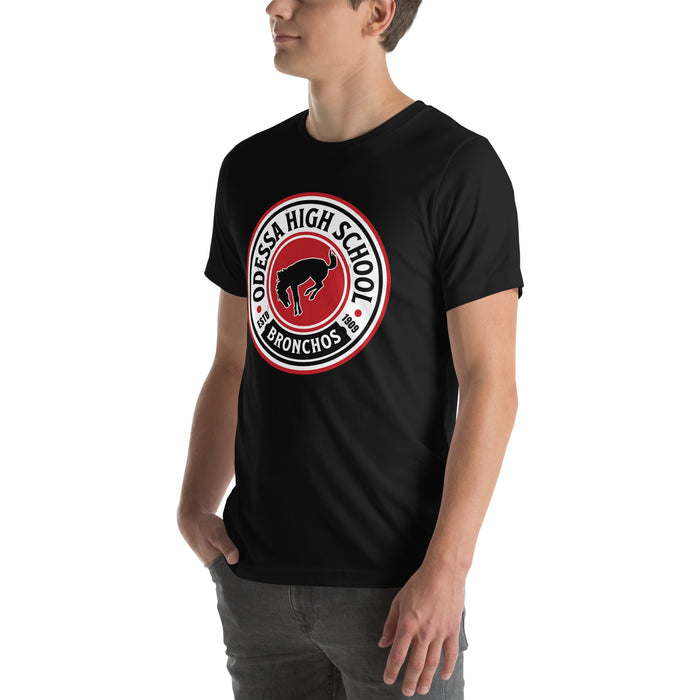 Man wearing Odessa High School Bronchos Black Premium Unisex T-shirt 220