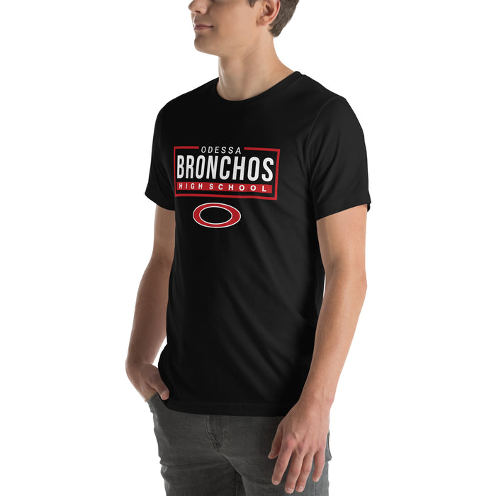 Man wearing Odessa High School Bronchos Black Premium Unisex T-shirt 049