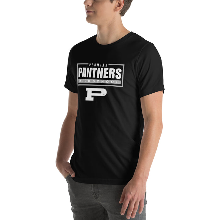 Man wearing Permian High School Panthers Black Premium Unisex T-shirt 049