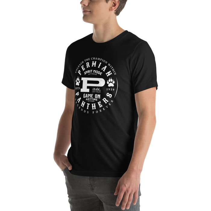 Man wearing Permian High School Panthers Black Premium Unisex T-shirt 214