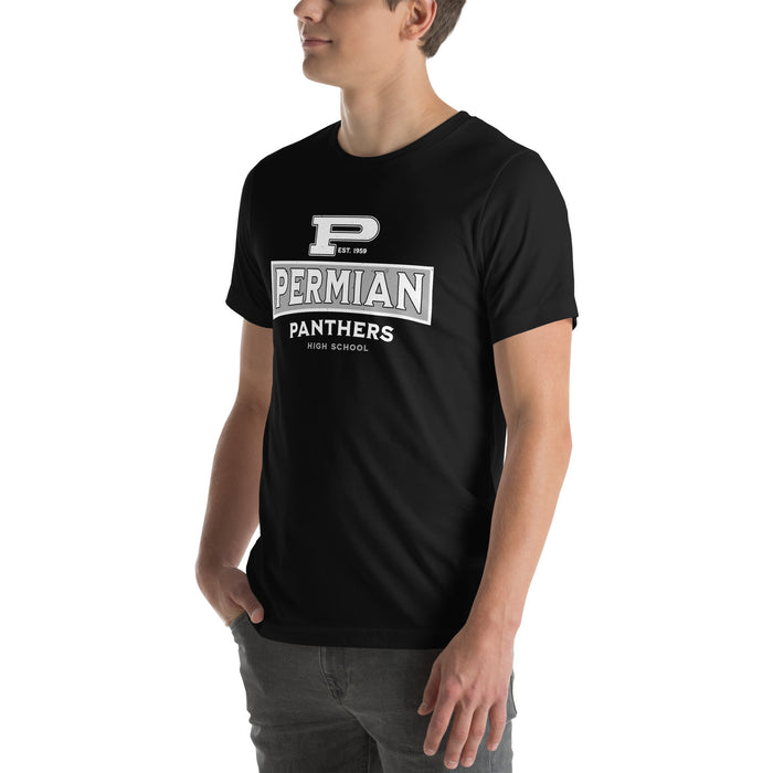 Man wearing Permian High School Panthers Black Premium Unisex T-shirt 202
