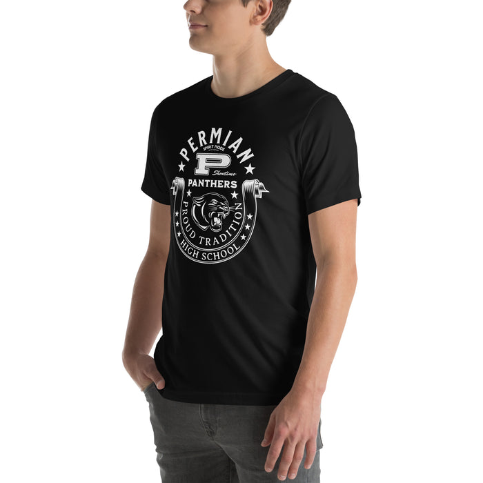 Man wearing Permian High School Panthers Black Premium Unisex T-shirt 229